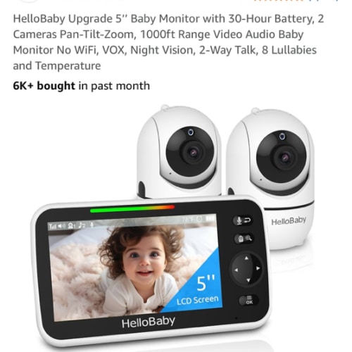 HelloBaby Upgrade 5’’ Baby Monitor with 30-Hour Battery, 2 Cameras Pan-Tilt-Zoom, 1000ft Range Video Audio Baby Monitor No WiFi, VOX, Night Vision, 2-Way Talk, 8 Lullabies and Temperature