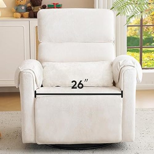 Rhevoy Oversized Power Recliner Chair, 26" Extra Wide Swivel Rocker Recliner with Adjustable Headrest, Chenille Glider Rocking Nursery Chair with Overstuffed Armrest, USB Ports, Cream