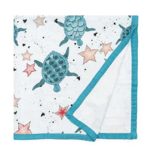 JumpOff Jo - Stroller and Swaddle Baby Blanket for Girls and Boys, Soft Muslin from Rayon Bamboo and Cotton - Newborn Nursery, Shower, Registry Gift, 47" x 47" - Seaside Turtle