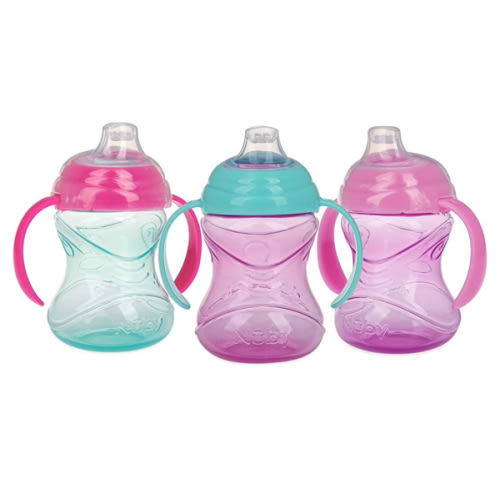 Nuby Clik-It Grip N' Sip Soft Spout No-Spill Training Sippy Cup with Handles - (3-Pack) 10 oz - 4+ Months - Aqua/Purple/Pink