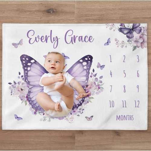Butterfly Milestone Blanket, Personalized Baby Girl Month Blanket, Floral Nursery Custom Newborn Growth Tracker, New Mom Baby Shower Gift