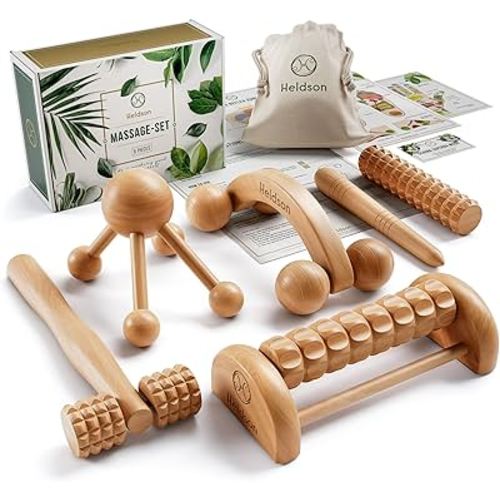 HELDSON® Wooden Therapy Massage Tools [6 Pieces] - Wood Rollers for Body Sculpting - Lymphatic Drainage Massager - Cellulite Tool - Maderoterapia Kit - Back Rolling Stick - Wellness Gifts Women, Men