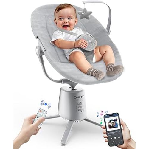 Zoicay Lightweight Baby Swing for Infant with 3 Modes & 5 Speeds, BT Enabled App & Remote Control Electric Swing – 6 Lullabies and 3 Timer Settings, 2 Seat Positions and 5-Point Harness Compact Swing