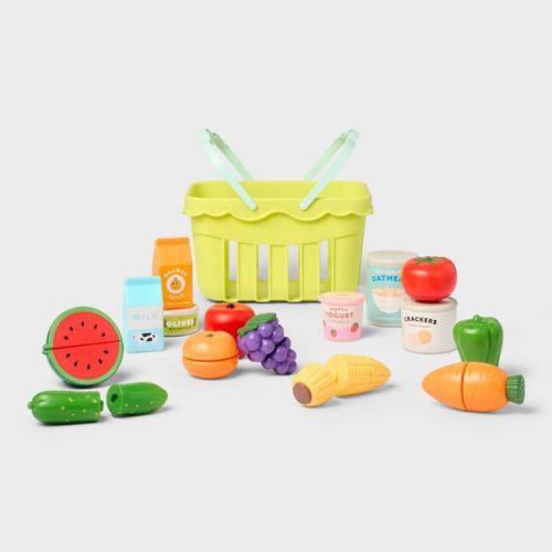 Grocery Basket with Play Food- 18 Piece - Gigglescape™: Plastic, Ages 2+, Includes Play Fruit & Vegetables