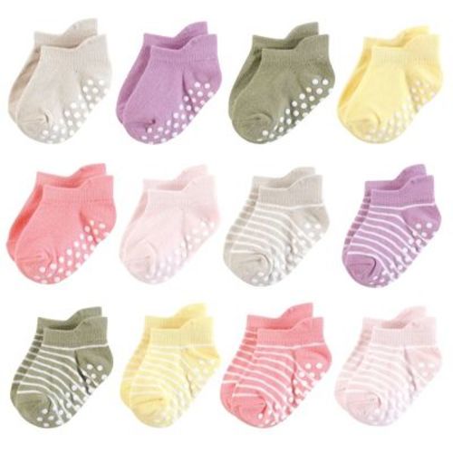 Hudson Baby Infant Girl Non-Skid No-Show Socks, Girl Asst Stripes, 6-12 Months