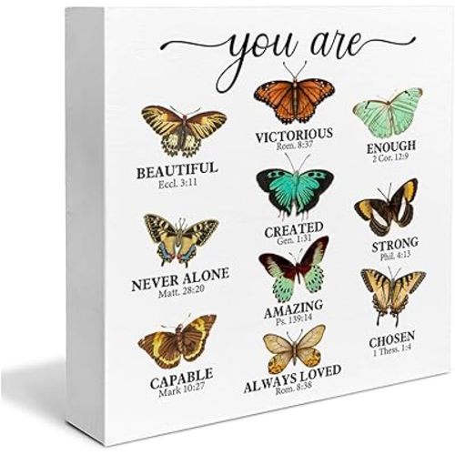 Inspirational Bible Verse Wooden Box Sign Christian Home Decor Butterfly You Are Beautiful Scriptures Wood Sign Desk Decoration Religious Wood Block Plaque Box for Shelf Nursery 5 x 5 Inches