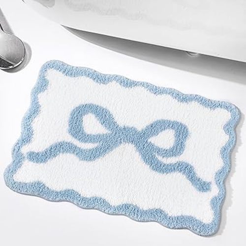 Scalloped Bow Bathroom Mat 16" x 24" Non Slip Coquette Bow Rug Cute Aesthetic Scallop Carpet Preppy Room Decor Microfiber Absorbent Bath Rug for Bathroom Bathtub Shower Bedroom (Blue)