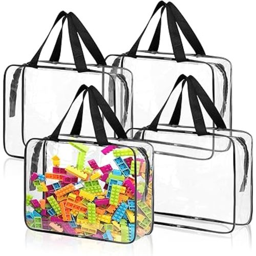 4 Pack Toy Storage Bags, Clear PVC Toy Organizer with Zipper, Large Black Waterproof Reusable Toy Bags with Labels for Puzzles, Building Blocks, Board Game, Stationery, Kids Books