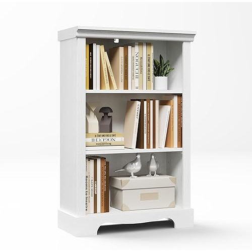 3-Tier Bookshelf, Wooden Bookcase with Unique Design, Book Shelf Open Storage, 9.8" D x 24.6" W x 38" H, Modern Bookshelf for Study Room, Living Room, Home Office, Bedroom (White)