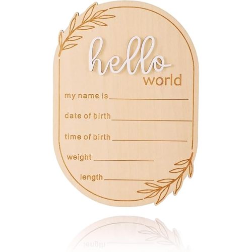 Baby Announcement Sign, 5.91x4.13 Inch Hello World Newborn Sign, Baby Announcement, Hello World Plaque, Newborn Name for Hospital, Ear of Wheat Personalized Name Plaque (White)