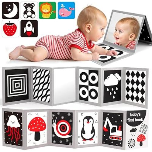 Black and White High Contrast Baby Books Flash Cards Tummy Time Mirror Toys Newborn Toys 0 6 Months Brain Development Infant Stimulating Sensory Toy 0-3 3-6 2 4 5 Month Old Essential