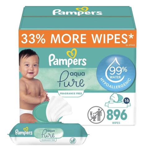 Pampers Baby Wipes Aqua Pure, 99% water-based wipes, Hypoallergenic and Unscented Infant Wipe, 896 Total (16 Flip-Top Packs)