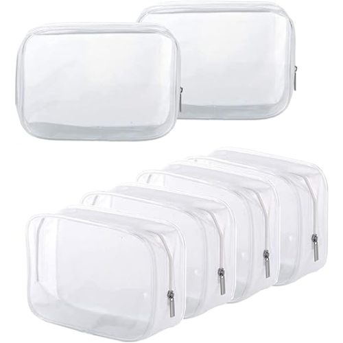 6 Pack Clear Toiletry Carry Pouch with Zipper Portable Plastic Waterproof Cosmetic Bag TSA Approved for Vacation Travel Bathroom and Organizing (White, Large)