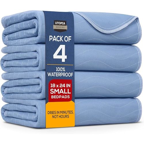 Utopia Bedding Washable Underpads 18" x 24" (Pack of 4), Waterproof Reusable Heavy Absorbency Incontinence Bed Pads for Adults, Kids, Elderly and Pets, Bedwetting Pads for Sofa and Couch (Blue)