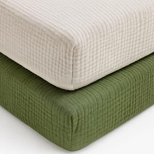 Muslin Fitted Crib Sheets for Girls & Boys-2 Pack 28"x 52" Soft Baby Mattress Sheet-No Slip Boho Neutral Breathable Toddler Cotton Bedding Olive Green & Beige