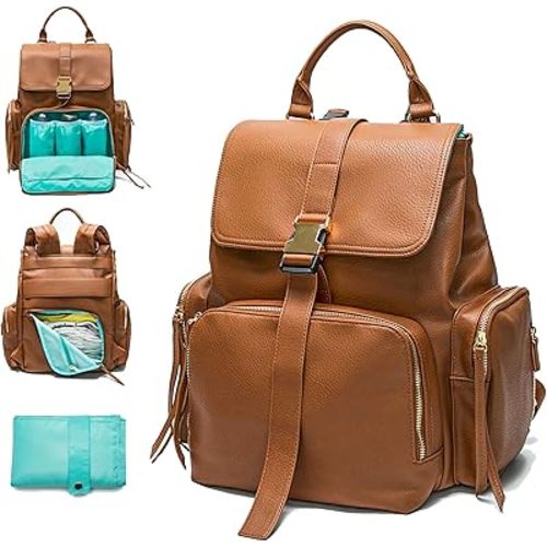 MOMINSIDE Diaper Bag Backpack with 14 Pockets, Leather Baby Bag, Large Capacity, Baby Registry, 4 Insulated Pockets, Wet Dry Bag, Changing Pad, Stroller Straps (Brown)