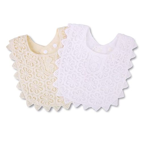 GZMM Baby Bib For Girls,Soft Lace Baby Drool Bib 0-12 months 2 Pack - 0-12 Months - White+beige