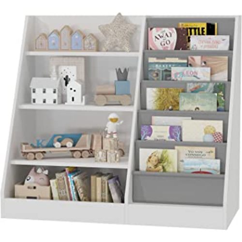 White 4 Tier Kids Wooden Bookshelf, Five Layer Sling Bookcase, Kids Storage Book Rack, Book and Toy Organizer Cabinet, Book Display, for Playroom, Bedroom, Study Living Room, Nursery,Classroom