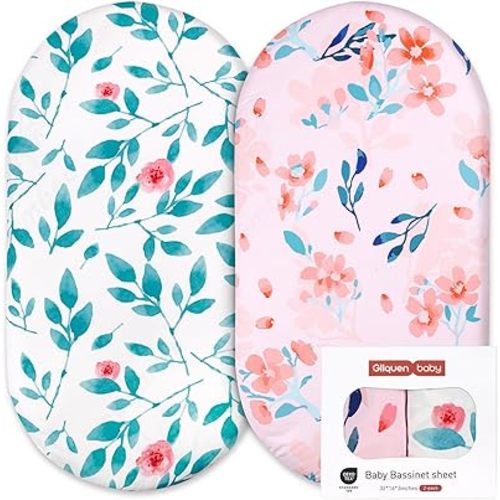 Gllquen Baby Bassinet Crib Sheets Set, Breathable Cozy Fitted Mattress Sheet, Elastic Travel Crib Fashionable Floral Pattern, Standard Cradle Safe Sheets for Baby Boy Girls 32"X16" (Flowers)