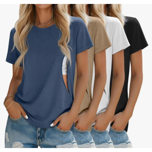 4 Pack Women's Nursing Breastfeeding Shirts with Zipper Loose Fit Short Sleeve Maternity Top Nursing Clothes