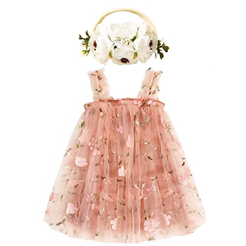 GRNSHTS Toddler Baby Girl Tutu Dress Sleeveless Floral Print Tulle Dress Little Girl Princess Dresses with Flower Headband