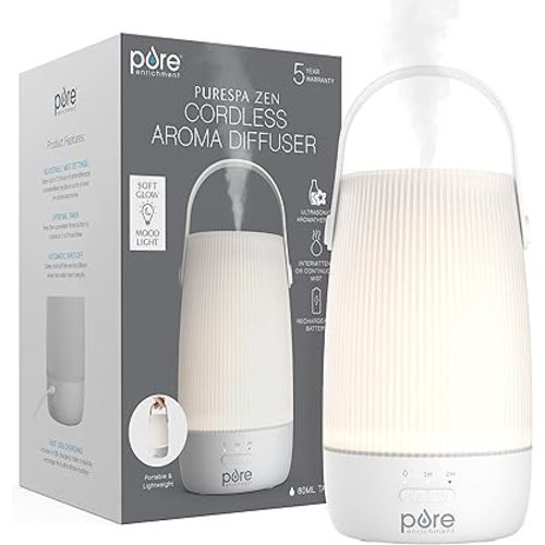 Pure Enrichment PureSpa Zen Cordless Essential Oil Diffuser & Light - Portable Travel-Friendly Aroma Diffuser Lasts 7.5 Hrs, Optional Mood Light, 2 Mist Settings, Optional Timer, & Auto Shut-Off