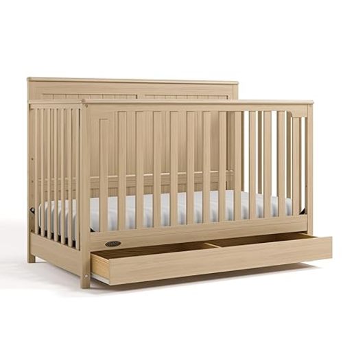 Graco Hadley 5-in-1 Convertible Crib with Drawer (Driftwood) – GREENGUARD Gold Certified, Fits Standard Crib Mattress, Converts to Toddler Bed, Daybed and Full Bed, 4 Adjustable Mattress Heights