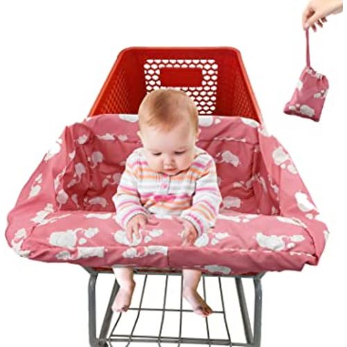 Pozico Portable Shopping Cart Cover for Baby & High Chair Cover, Machine Washable Replaceable Cart Cover for Babies, Infant, Toddler, Boy or Girl(White Elephant, Pink)