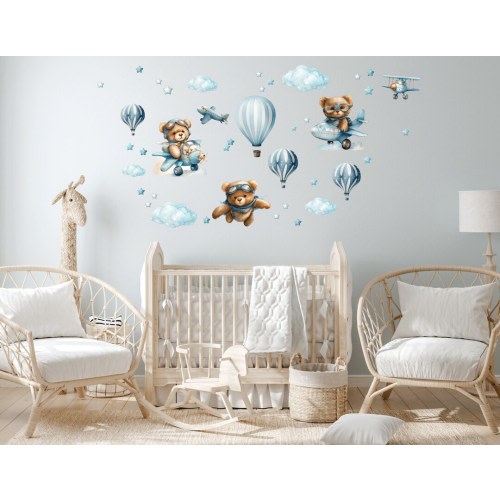 Teddy bear Nursery wall decal, Airplane Wall Decals for Boys,  Hot Air Ballon, Wall decal for kids, Cute Watercolor animals