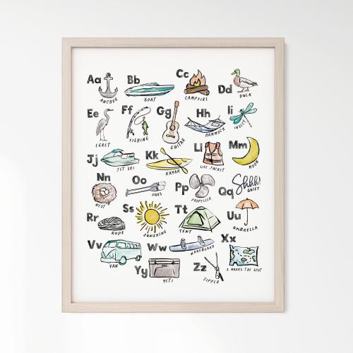 Watercolor Painting Lake Life ABC Print for Camping Nursery, Lake House Decor, or Playroom Wall Art