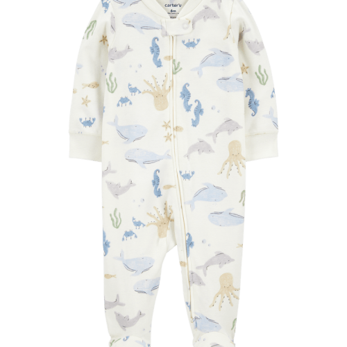 Multi Baby Aquatic Animals Print 2-Way Zip Cotton Sleeper Pyjamas - Ivory | Carter’s Oshkosh Canada