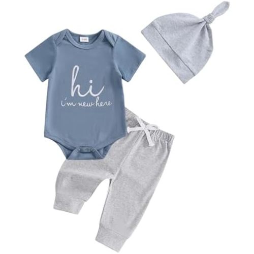 Newborn Boy Clothes Baby Boy Coming Home Outfit Hi I'm New Here Short Sleeve Romper Pants Set Hat Summer Clothing