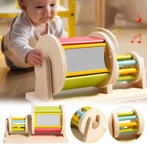 Montessori Educational Toy Drum for Children Rotating Wooden Toy Drum with Roller for Early Learning Interactive Baby Toy for Development