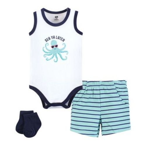 Hudson Baby Infant Boys Bodysuit, Short and Sock, Sea Octopus