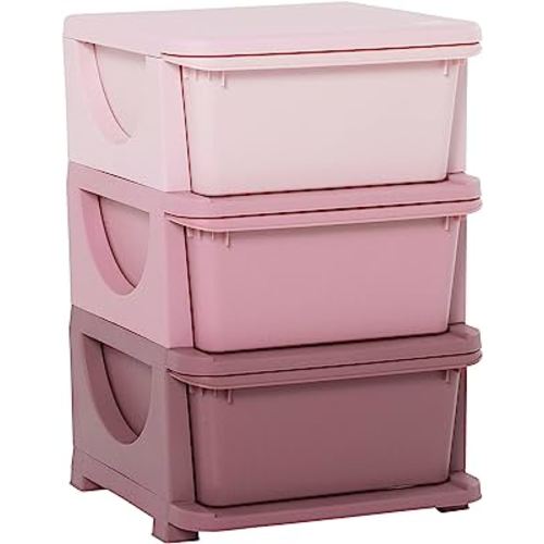 Qaba 3 Tier Kids Storage Unit, 3 Drawer Chest Toy Organizer Plastic Bins for Kids Bedroom Nursery Kindergarten Living Room for Boys Girls Toddlers, Pink