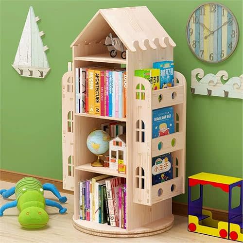 Gdrasuya10 Large Rotating Bookshelf 360 Degree, Wood Castle Bookshelf Bookcase Floor Standing Storage Book Shelf Display Children's Bookcase for Playroom Kidsroom