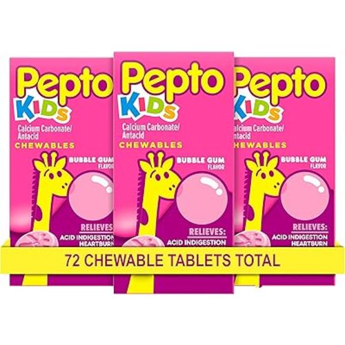 Pepto Kid's Chewable Tablets for Heartburn, Acid Indigestion, Sour Stomach, and Upset Stomach, Bubblegum Flavor, 72 Total (3 Packs of 24)