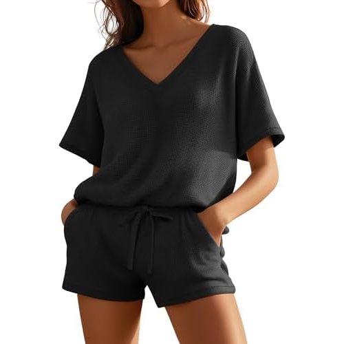 Huukeay Women's 3 Piece Waffle Casual Cami Shorts Set, Summer Lounge Outfits Tank Tops T-Shirts and Shorts Pj Matching Set