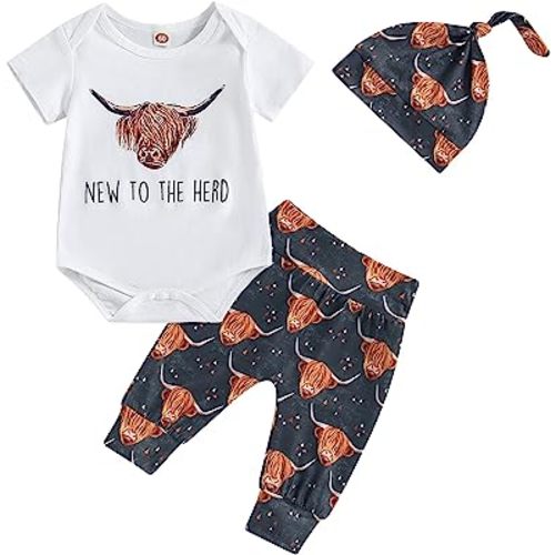 SAYOO Western Newborn Baby Boys Cowboy Outfits Cow Print Letter Bodysuit+Long Leggings+Cap 3pcs Infant Boy Country Clothes