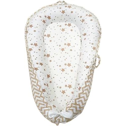 Aila+Aiden Baby Nest, Baby Lounger, Organic Cotton Lounger for Baby, Reversible Breathable Adjustable Portable - Star Collection (White/Tan)
