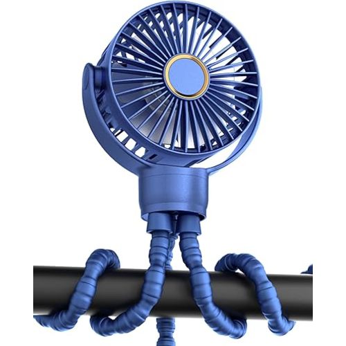 Portable Stroller Mini Fan, Small Rechargeable Personal Cooler w/ 360° Rotation, 3-Speed, Battery Powered Stroller Accessories, Baby Essentials for Car Seat, Crib, Bike, Treadmill, Blue