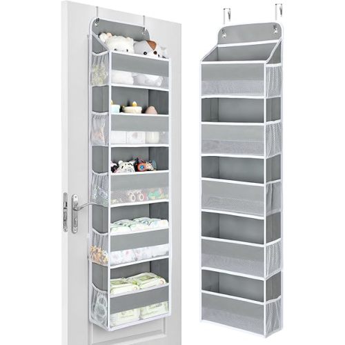 Yecaye 1 Pc Over the Door Organizer with 5 Bins 10 Side Pockets, 44lbs Load Hanging Bathroom and Bedroom Organizer, behind the Door Hanging Organizers for Nursery Newborn Baby Essential Stuff Grey