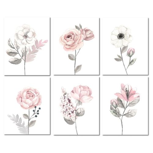 Lambs & Ivy Watercolor Floral Unframed Nursery Child Wall Art 6pc - Pink/gray