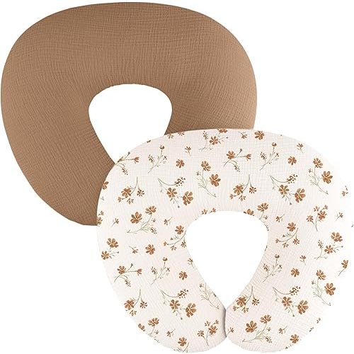 2-Pack Muslin Nursing Pillow Covers, Breathable 100% Cotton Breastfeeding Pillow Slipcovers for Standard Nursing Pillows, Soft Covers for Baby Girls and Boys with Zipper