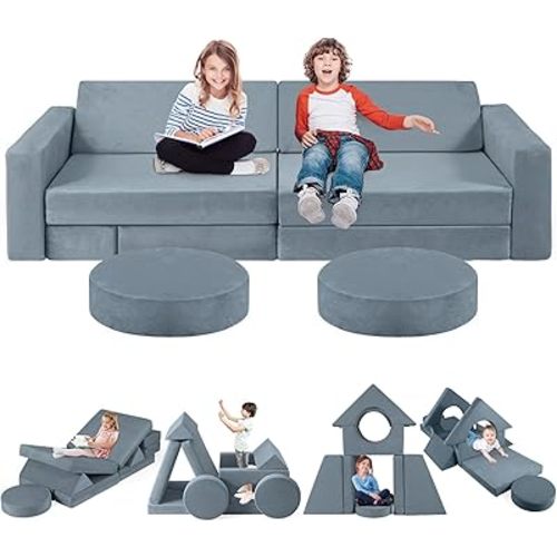 2025 New Modular Kids Play Couch, 12pcs Toddler Sofa Couch Building Fort, Versatile 300+DIY Creativing Playroom Bedroom Furniture for Toddlers. Convertible Kids Sofa and Cushion for Boys and Girls