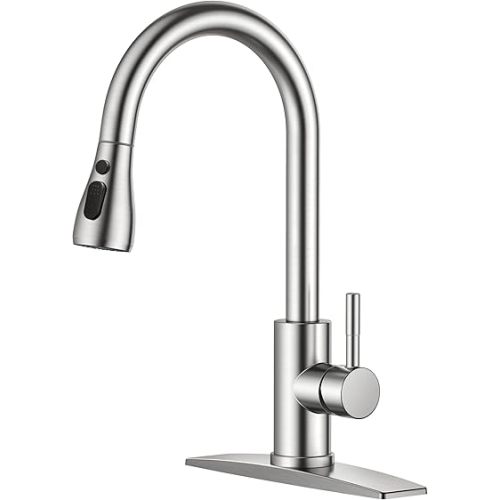 FORIOUS Kitchen Faucets with Pull Down Sprayer, Brushed Nickel, High Arc Single Handle Classic Stainless Steel Sink Faucet 1 or 3 Hole, Suitable for Farmhouse Camper Laundry Rv Bar