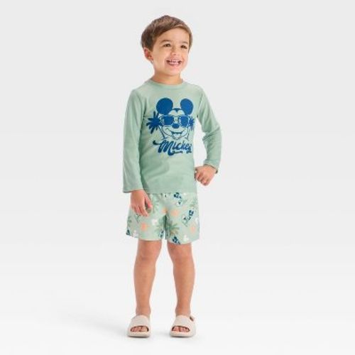 Toddler Boys' Mickey Mouse Palm Tree Rashguard Swim Set - Green 3T