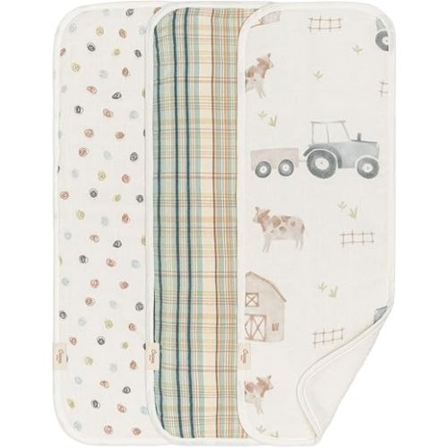 Crane Baby Burp Cloths Set, 3-pc. Charlie Farmhouse Tractor Collection, Soft 100% Cotton Muslin Burp Cloths for Baby Boys and Girls, Farm Nursery Décor