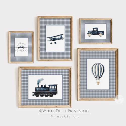 Vintage Transportation Nursery Wall Art Navy Blue Check Antique Car Plane Train Truck Hot Air Balloon Travel Prints Blue Nursery Decor G16