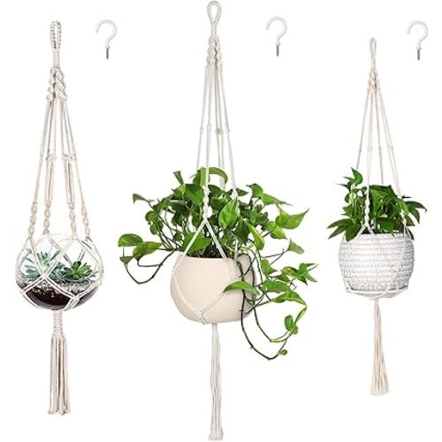 MIPON 3 Pack Macrame Plant Hanger Indoor Hanging Planter for Plants Holder with 3 Hooks, Different Size for Boho Home Decor,Ivory(POTS NOT Included)